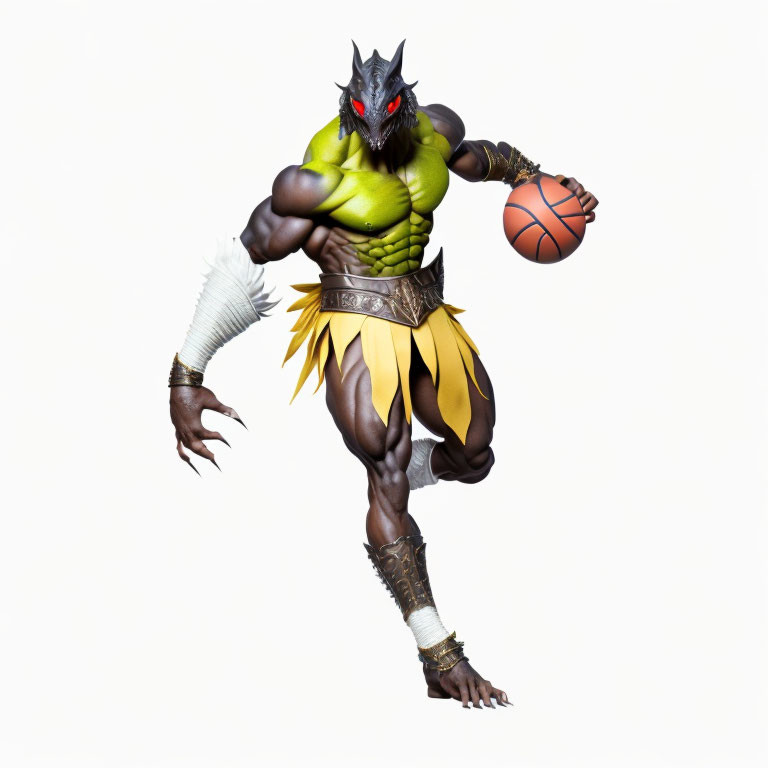 Green-skinned creature in loincloth dribbling basketball with horns and red eyes