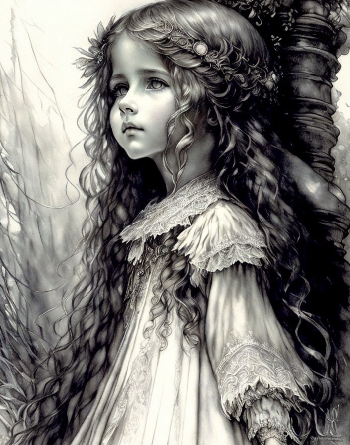 Monochrome illustration of young girl with intricate headdress, gazing beside tree