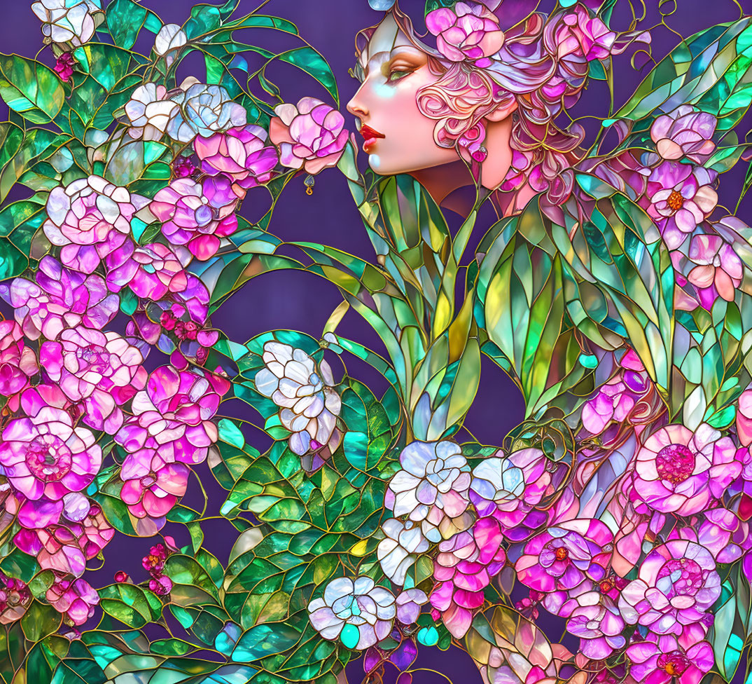 Colorful Stylized Woman with Floral Hair on Purple Background