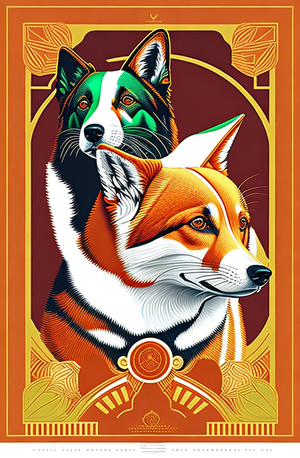 Symmetrical Art Deco Welsh Corgi heads in red, green, and gold tones