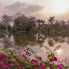 Tranquil pond with cherry blossoms and classical buildings in serene landscape