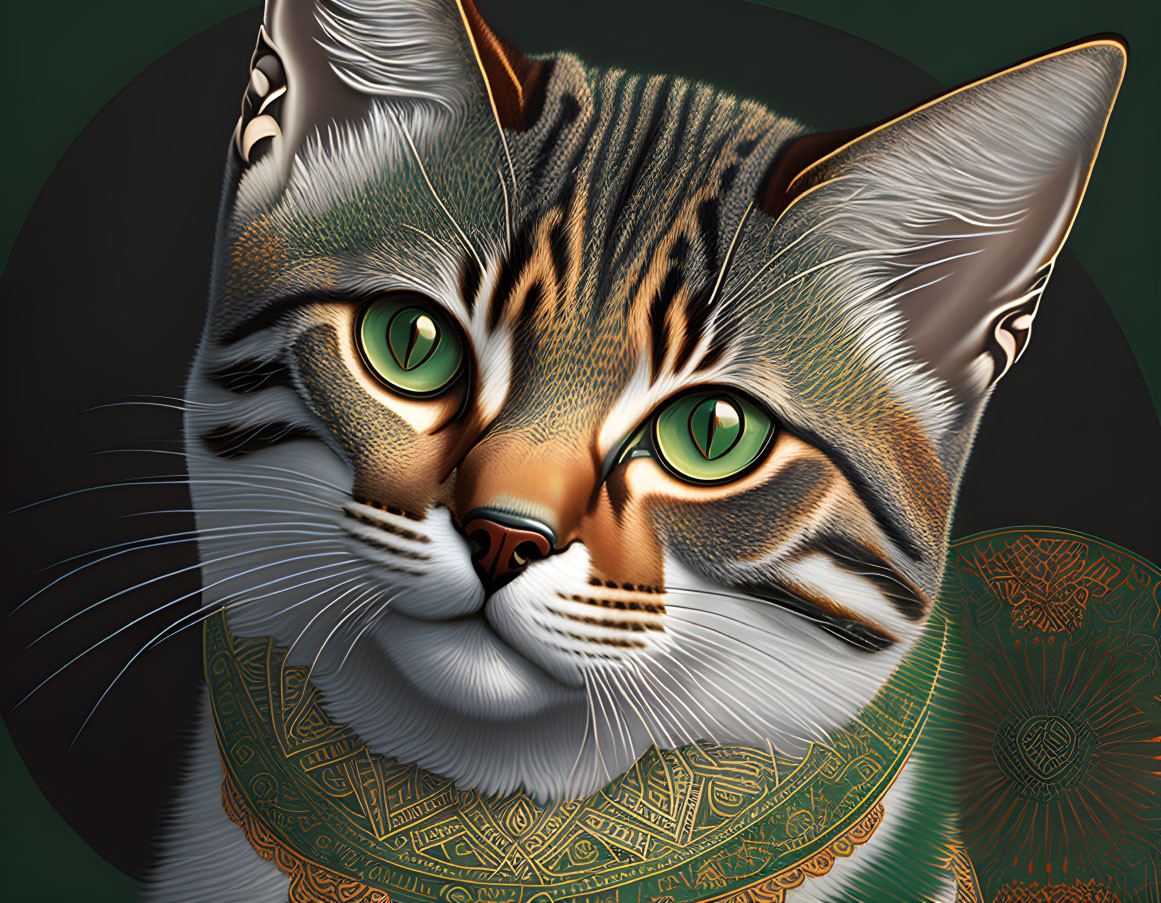 Detailed digital cat art: green-eyed feline with golden collar on ornate dark backdrop