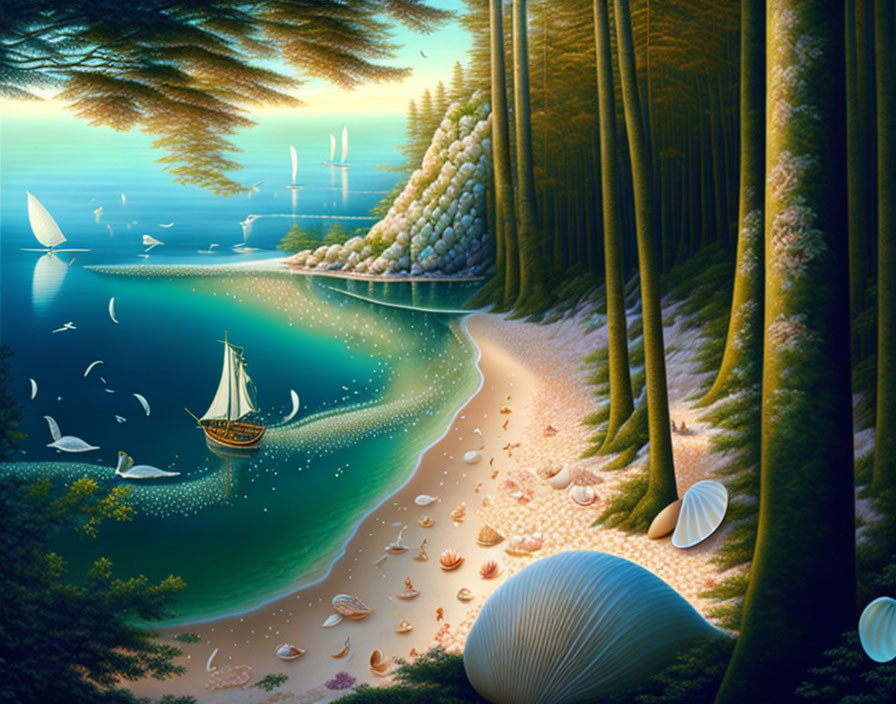 Golden ship sailing on calm blue sea by sandy shore in fantasy landscape