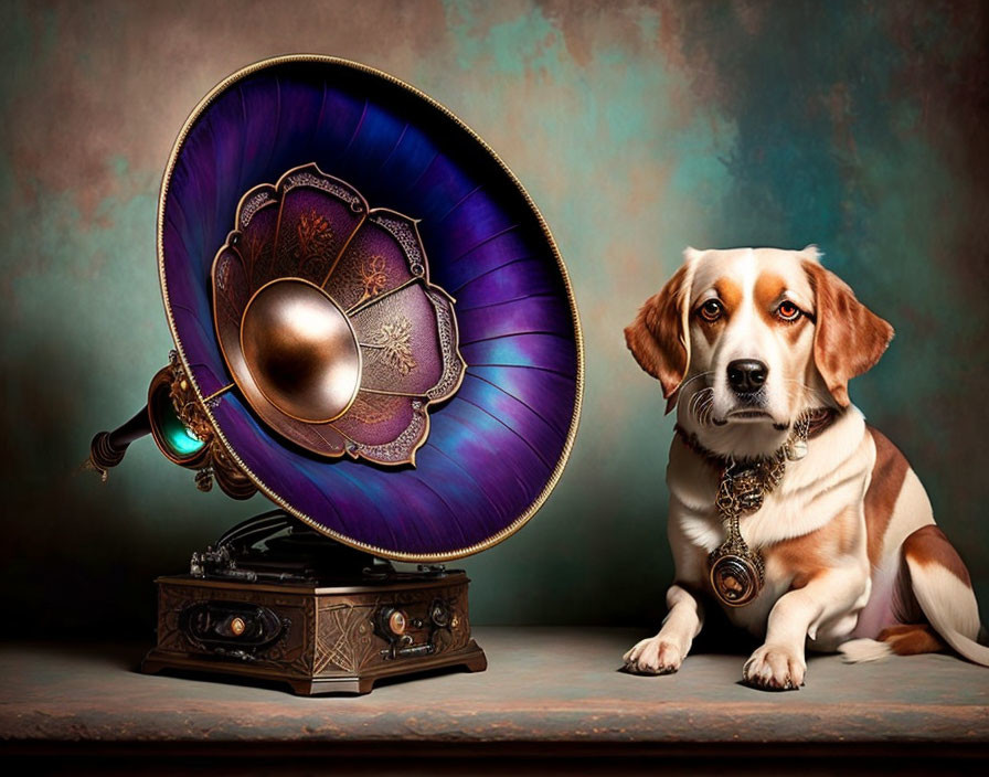 Beagle beside ornate gramophone with purple horn on textured backdrop