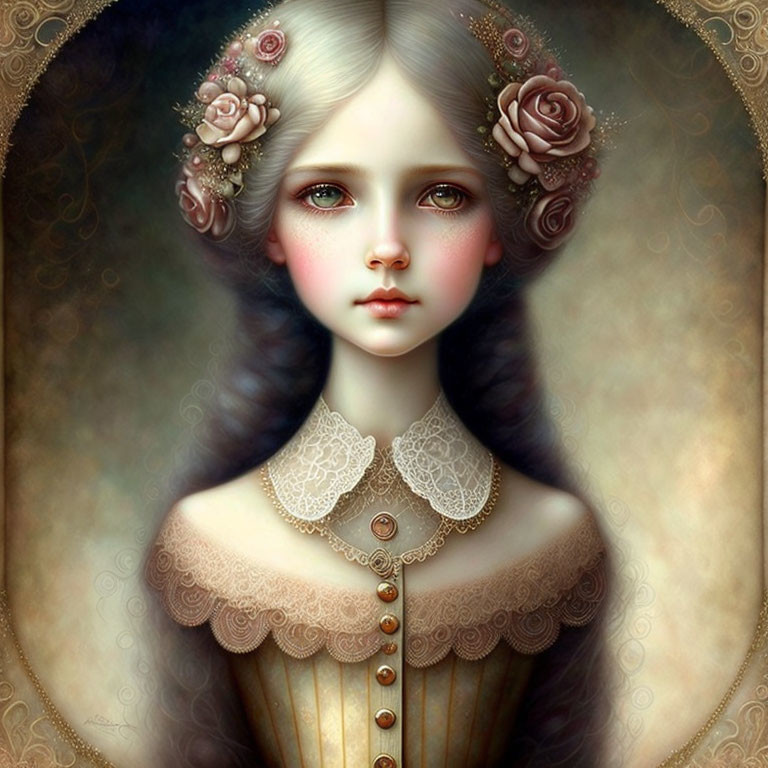 Illustrated portrait of a girl with pale skin and flowers in her hair on textured background