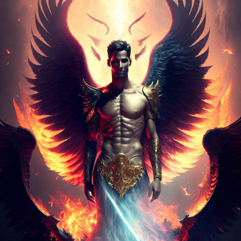 Majestic male figure with dark angelic wings and glowing sword