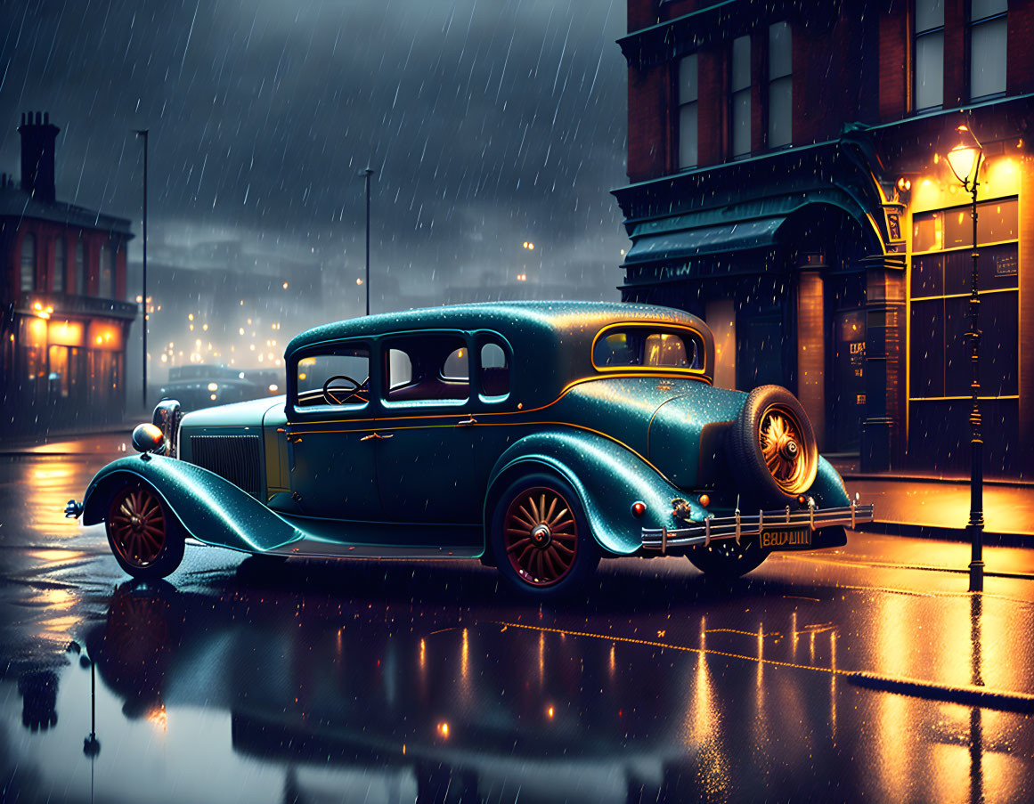 Vintage Blue Car Parked on Wet Street at Night with Rain and Reflecting Lights