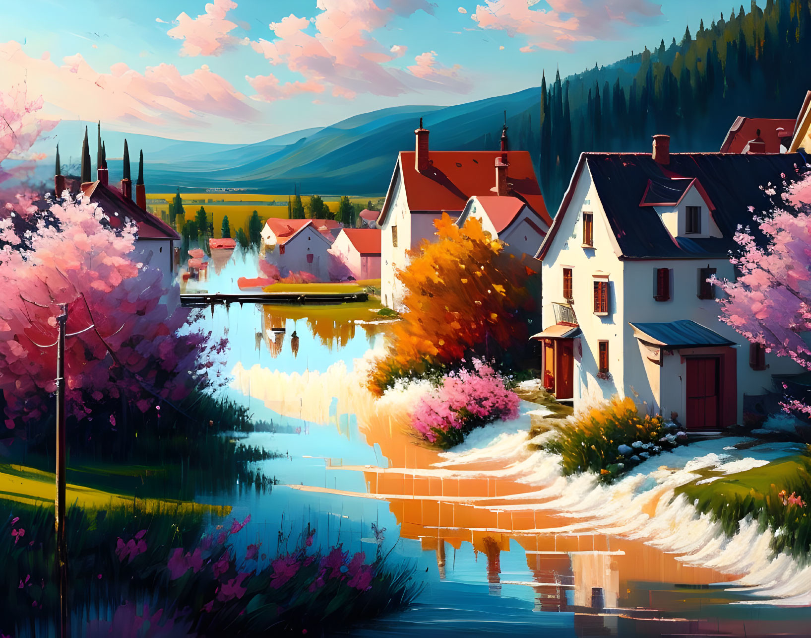 Landscape of Vibrant Village with Pink Trees and Reflective River