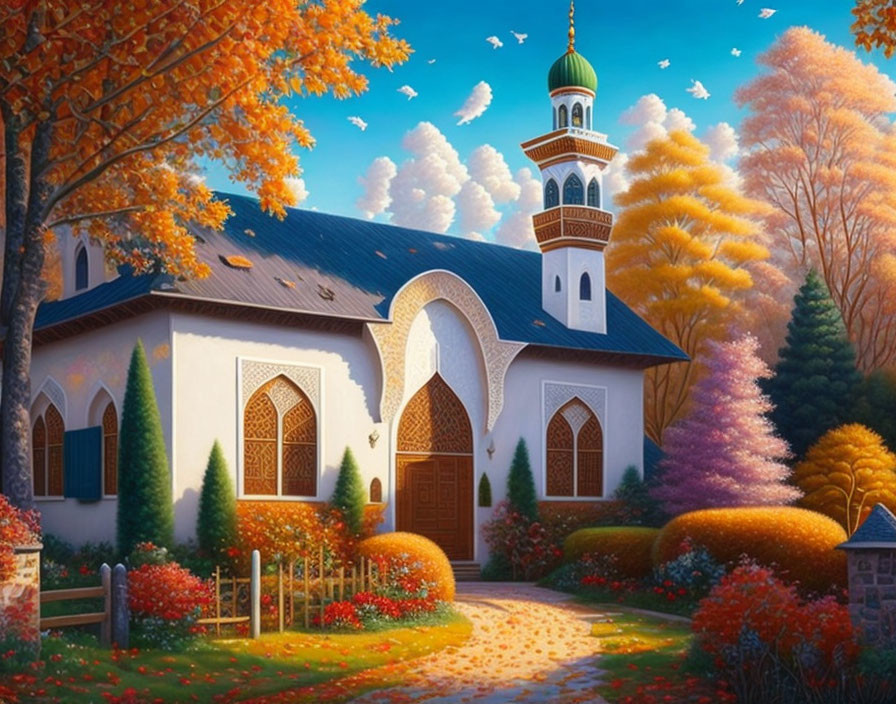 White Mosque Painting with Green Roof and Autumn Trees under Blue Sky