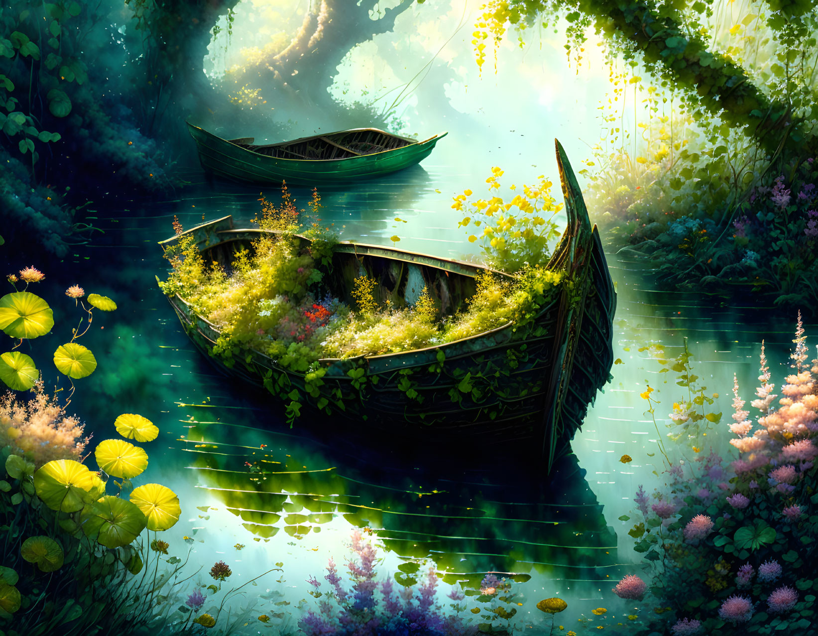 Abandoned boats covered in flora in serene waterway surrounded by greenery.