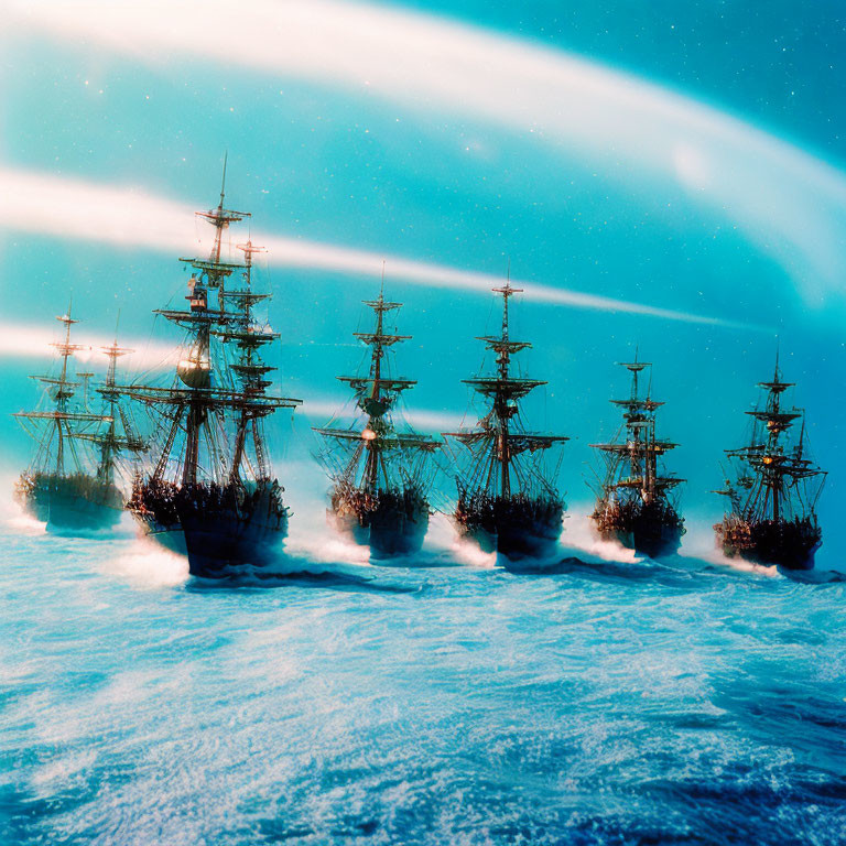 Tall Ships Sailing on Ocean with Surreal Sky & Planet Ring