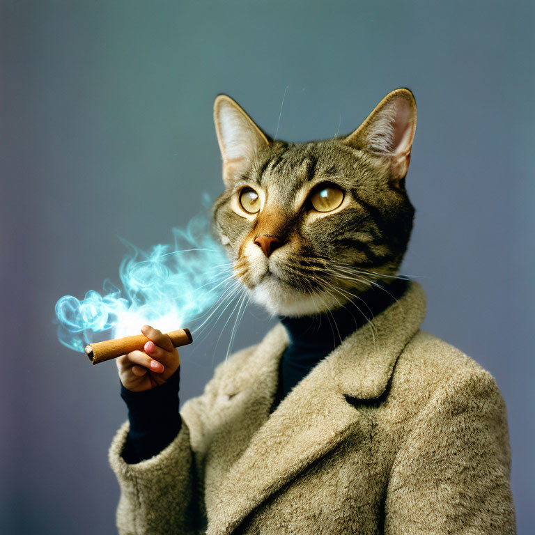 Cat in coat smoking cigar on grey backdrop