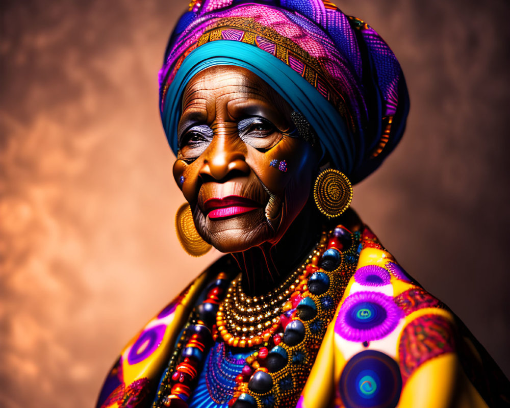 Elderly Woman in Colorful African Attire with Beads and Patterns