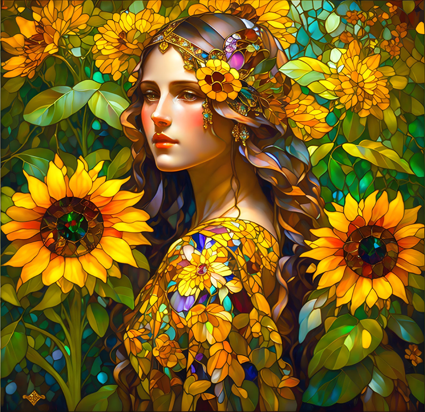 Woman with ornate headpiece surrounded by sunflowers and foliage.