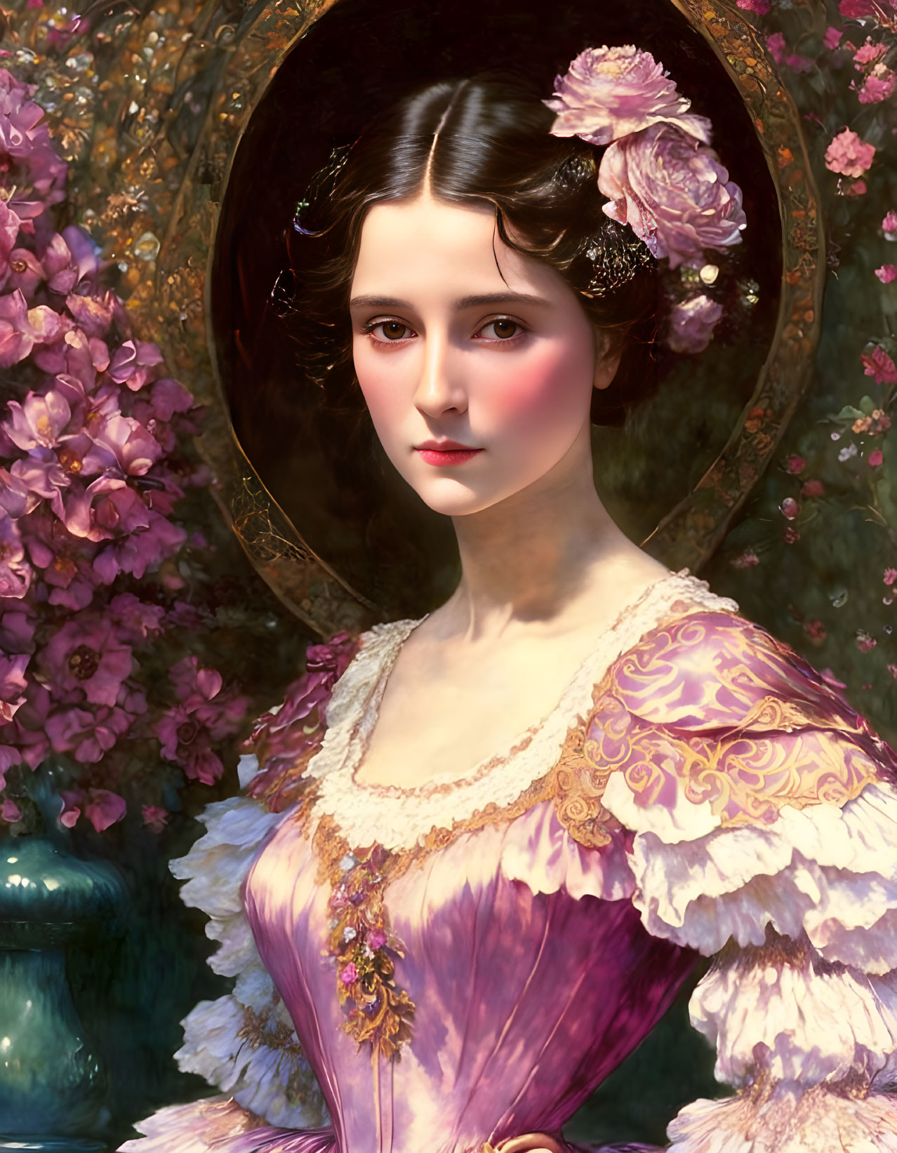 Classic Portrait of Woman with Dark Hair in Pink Dress and Floral Adornments