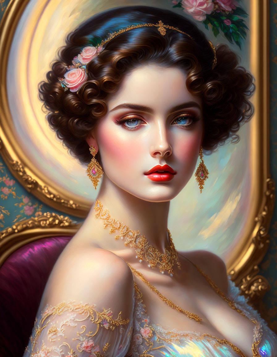 Elegant woman portrait with curled hair, roses, gold headpiece, blue eyes, red lips &