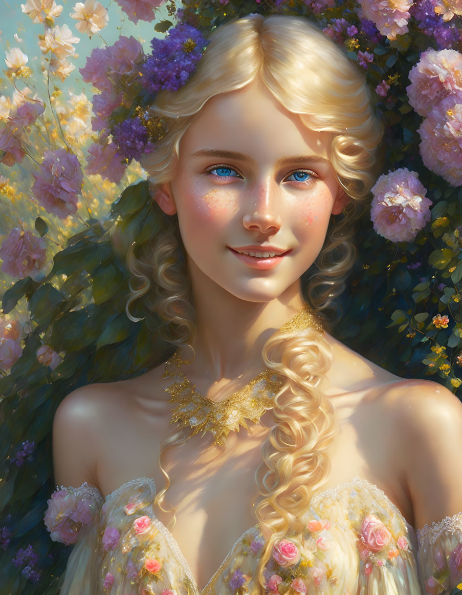 Blond Woman with Blue Eyes and Freckles in Floral Digital Art