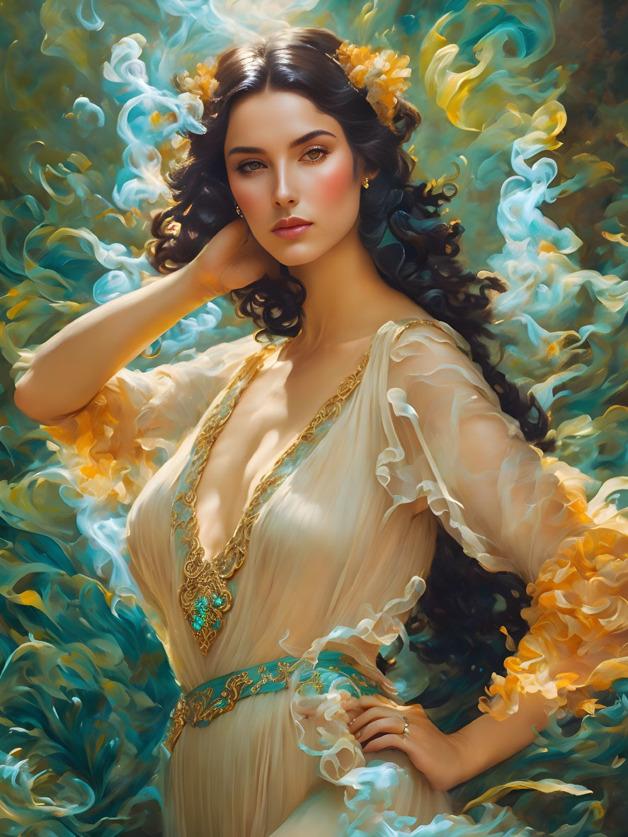 Ethereal woman with dark hair in golden gown and floral adornments