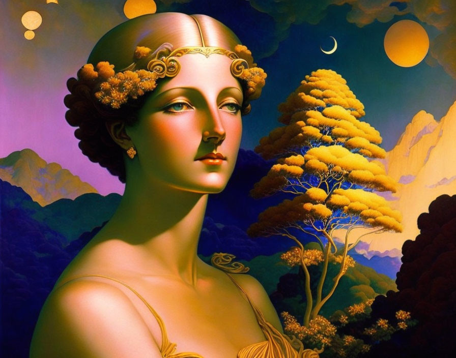 Surreal artwork of serene woman in classical attire with golden tree backdrop