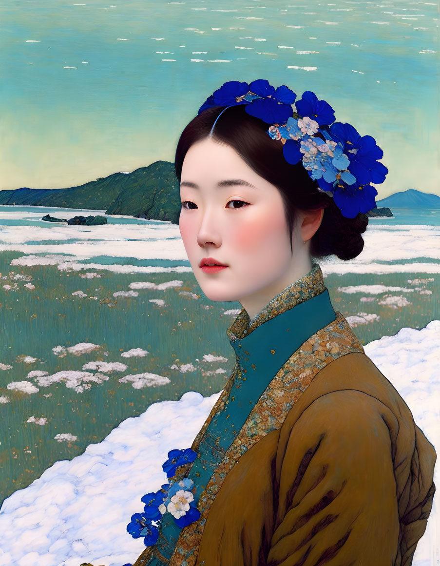 Portrait of Woman with Dark Hair and Blue Flowers in Traditional Dress against Snowy Landscape