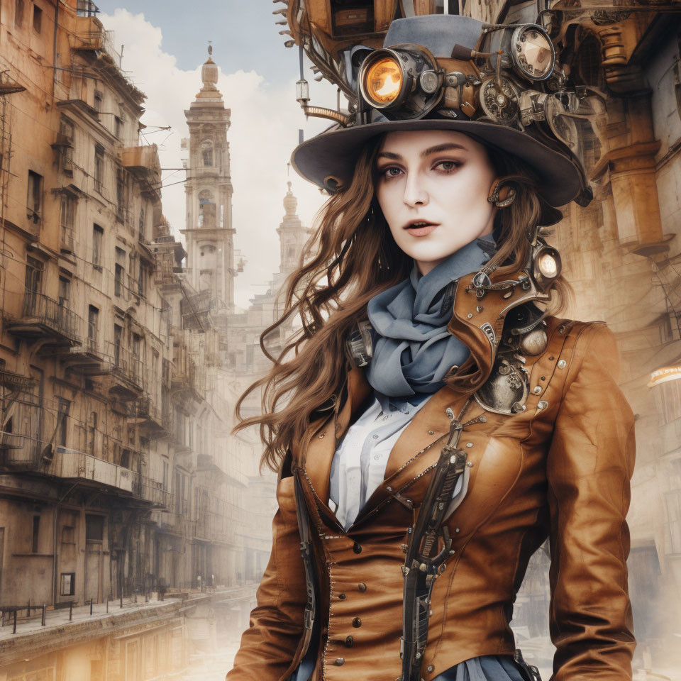 Steampunk woman in top hat and goggles in neo-Victorian cityscape