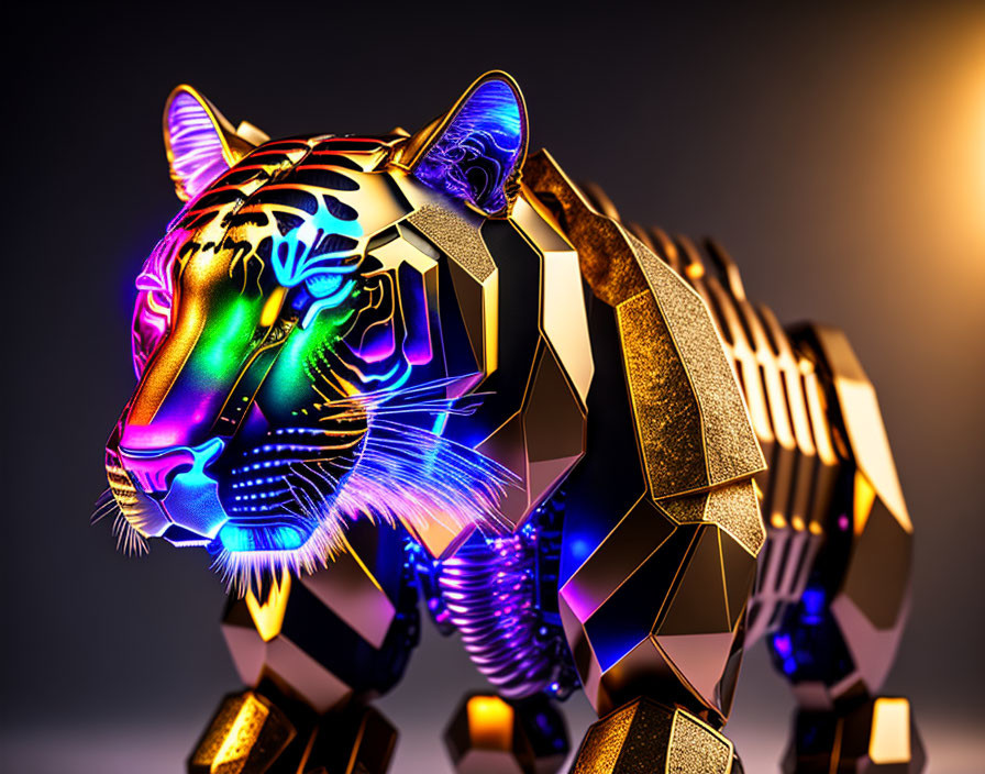 Geometric Metallic Tiger with Neon Accents on Gradient Background