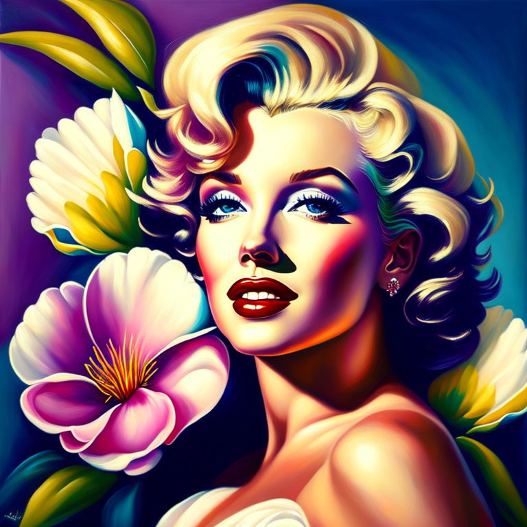 Vibrant digital portrait of a stylized woman with blonde hair and flowers