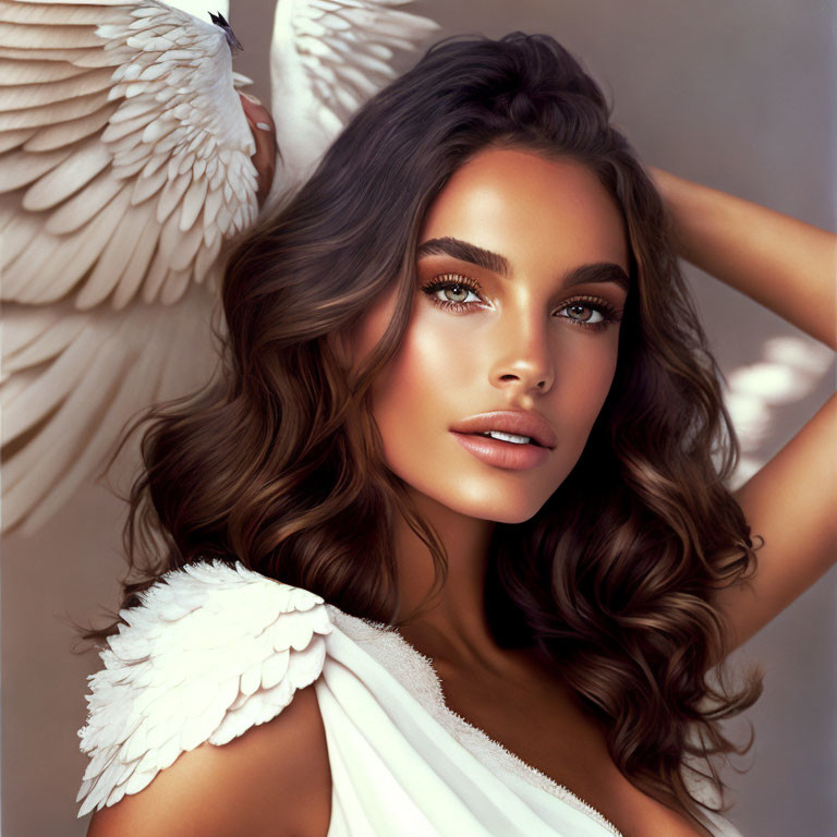 Woman with wavy hair and angelic wings in serene expression