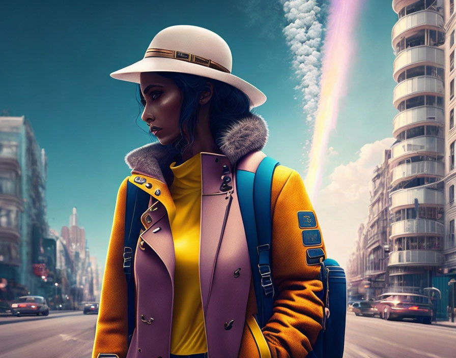 Fashionable woman in color-blocked coat and hat against vibrant cityscape with colorful sky.