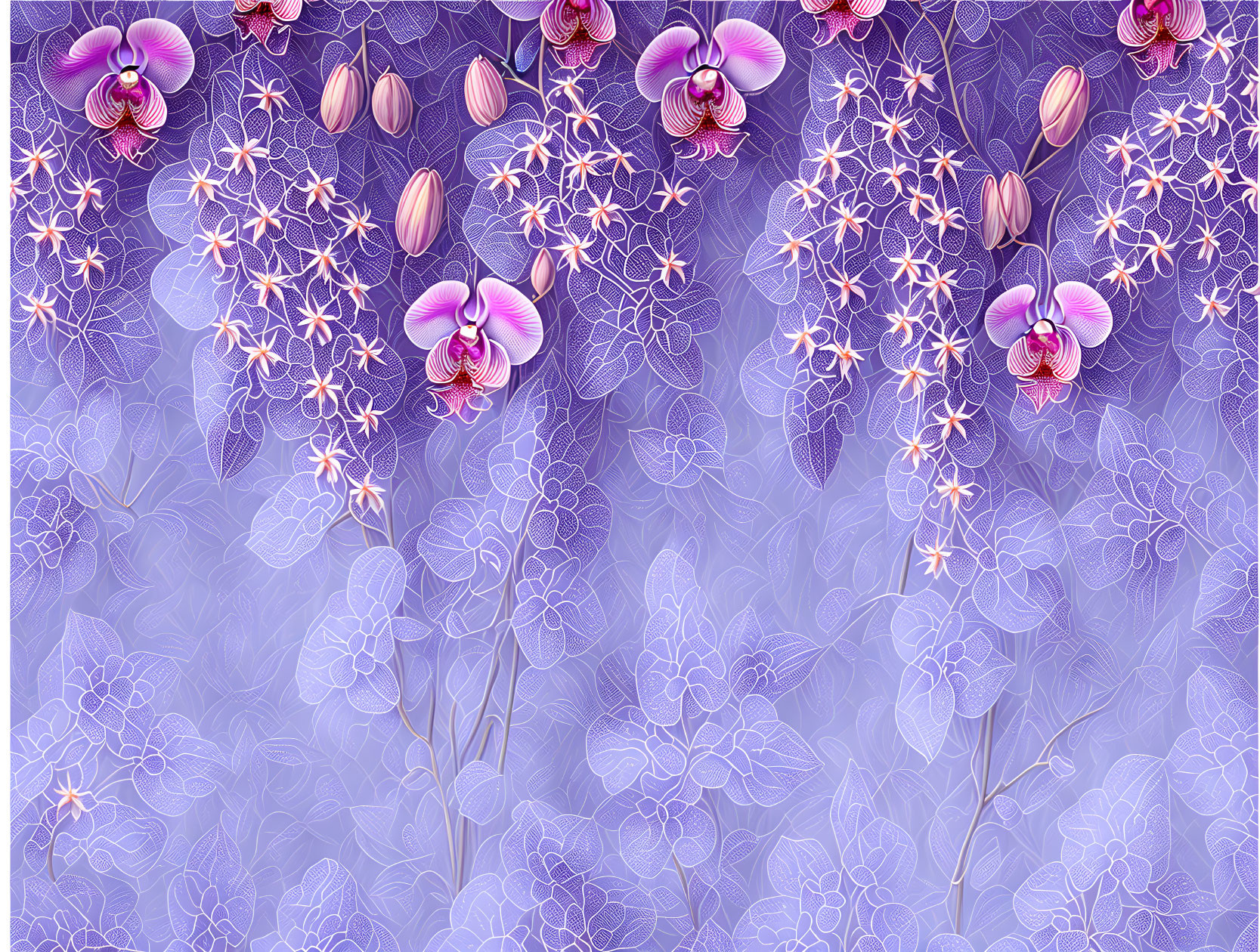 Detailed Purple Orchids Illustration with Gradient Background and Lace-like Leaf Patterns