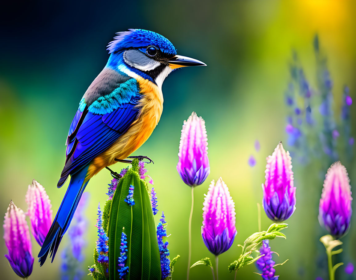 Colorful Blue Bird Perched on Green Stem with Purple Flowers