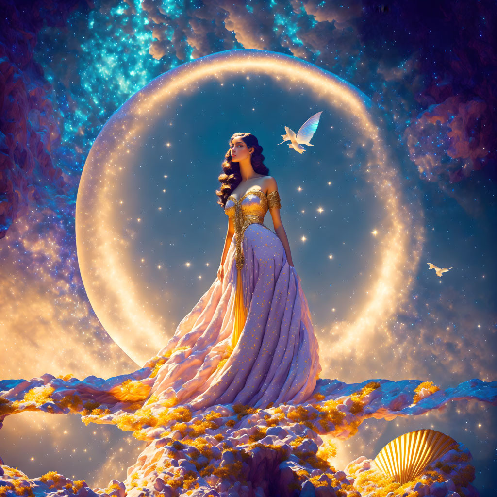 Majestic woman in golden dress on clouds with full moon, stars, butterflies, and glowing shell