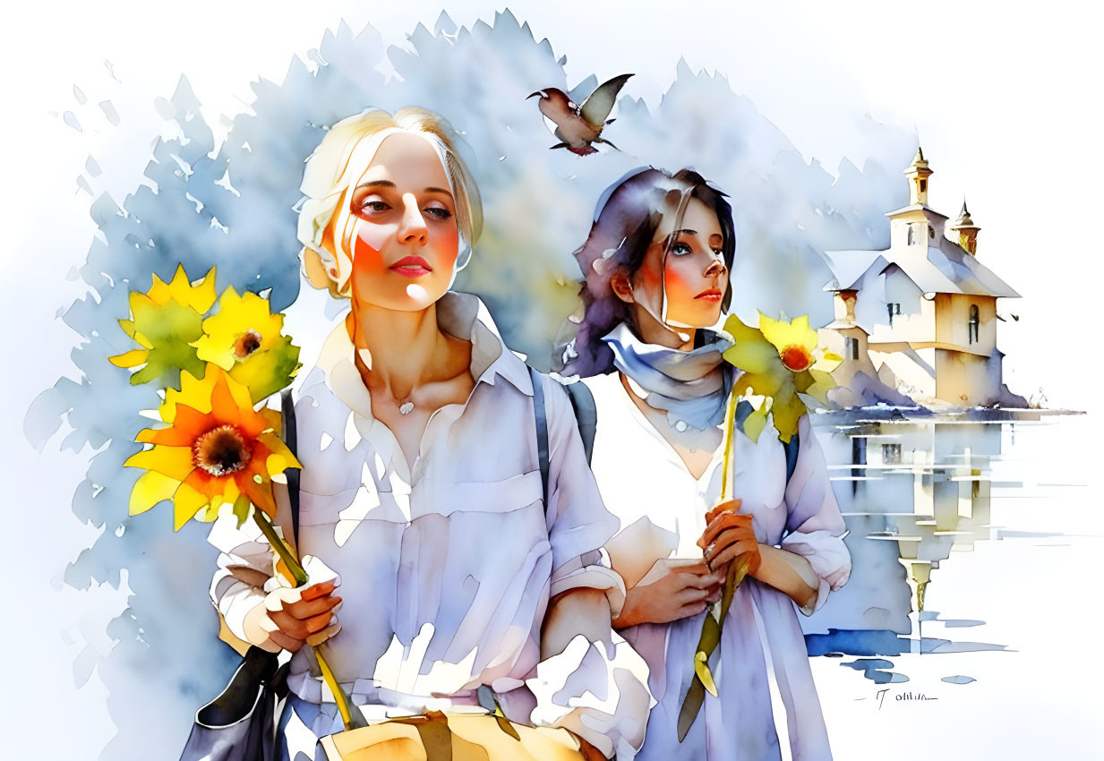 Serene watercolor painting of two women with sunflowers and birds in a church reflection