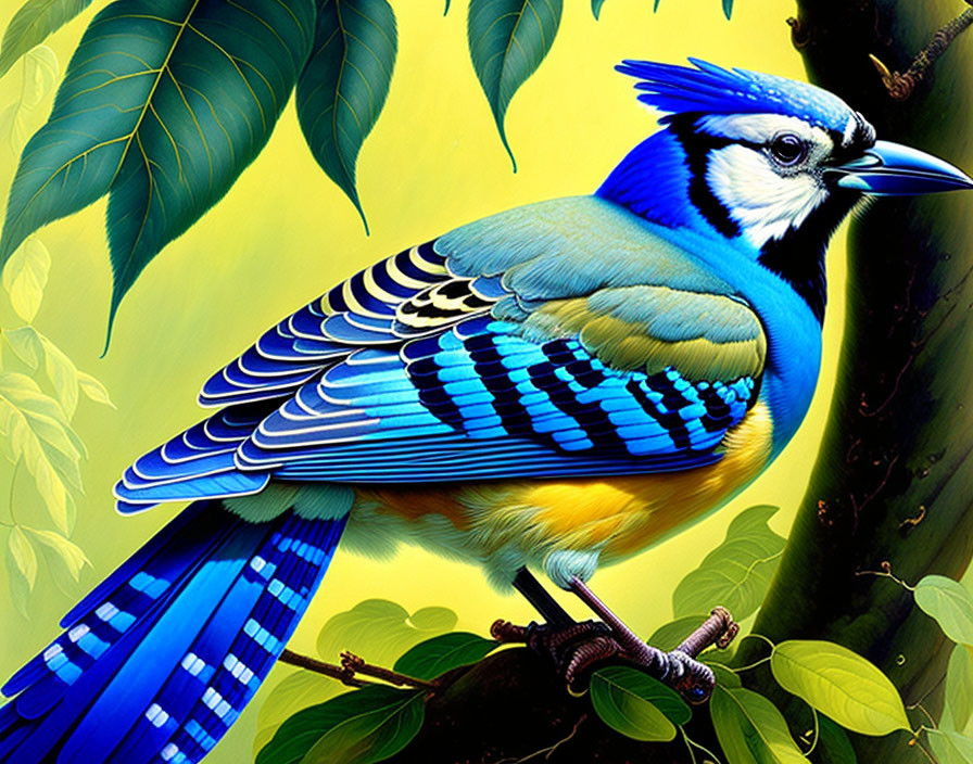 Colorful digital illustration of blue jay on branch with vibrant plumage.