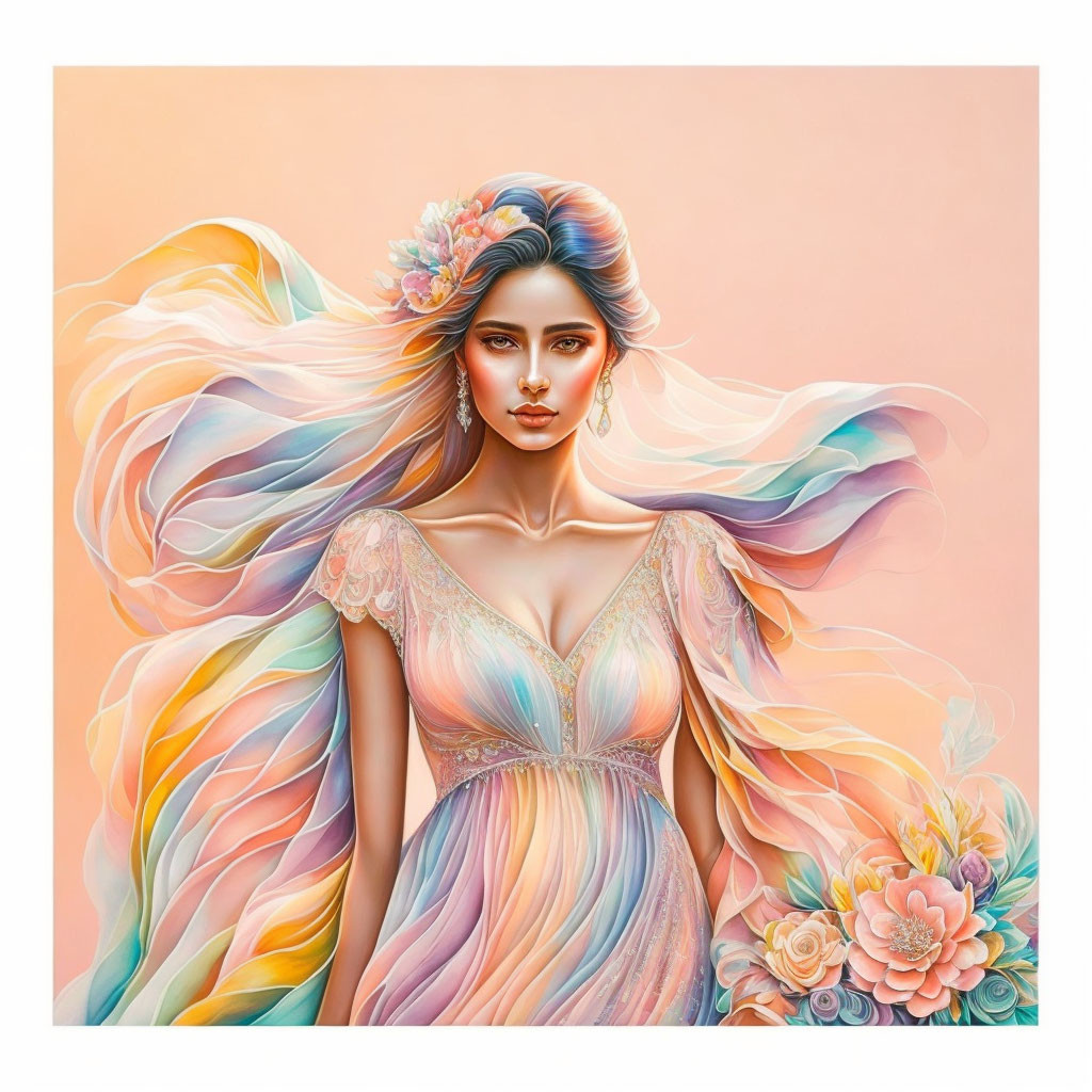 Colorful Woman Portrait Surrounded by Flowers on Peach Background