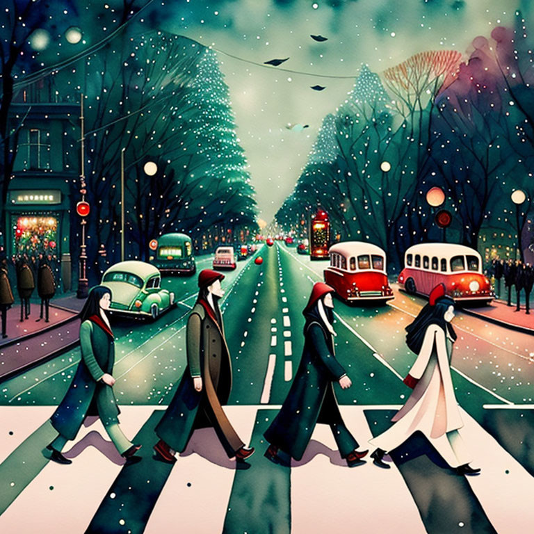 Four individuals crossing street with Christmas trees, vintage cars, and buses in nighttime city scene