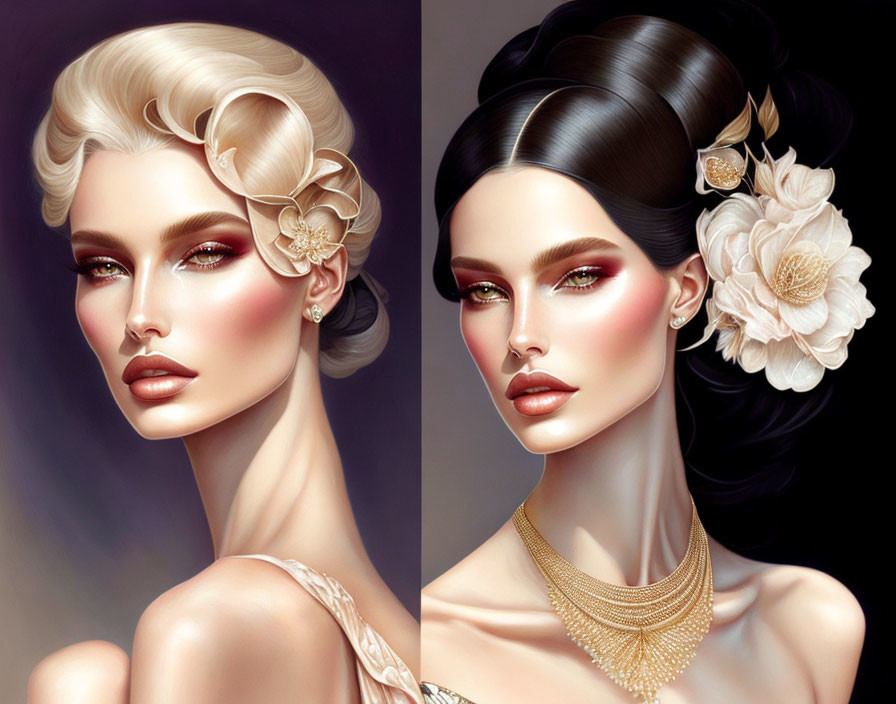 Illustrated portraits of women with elegant hairstyles and floral adornments.