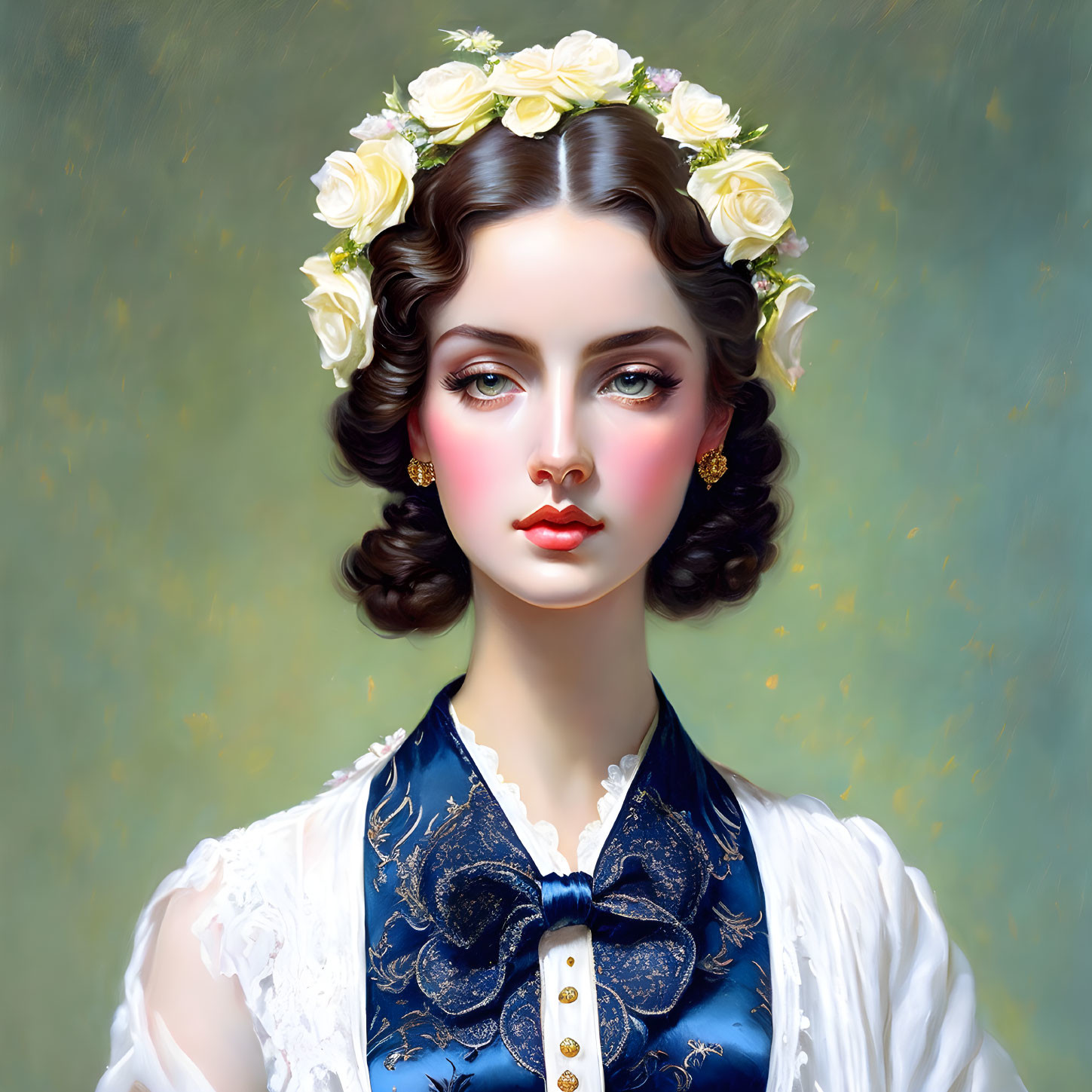 Digital painting of woman with floral crown, curly hair, blue eyes, vintage dress