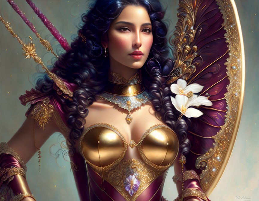 Digital painting: Woman in golden fantasy armor with purple accents