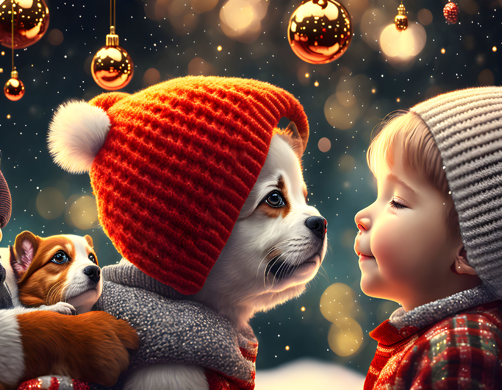 Child in knitted hat with white dog in red hat and festive decorations