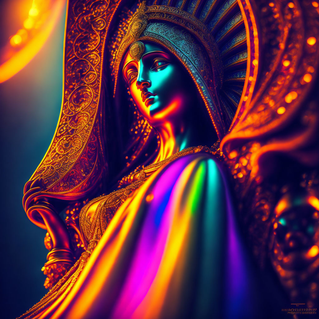 Vibrant figure with detailed headdress and robe under gradient lighting