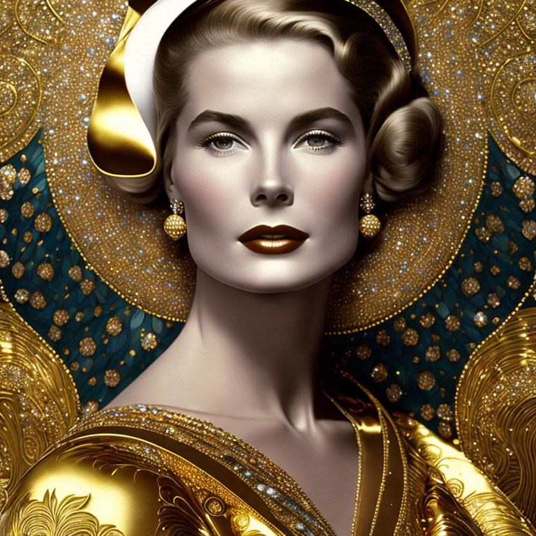 Stylized portrait of woman with golden makeup and ornate headdress