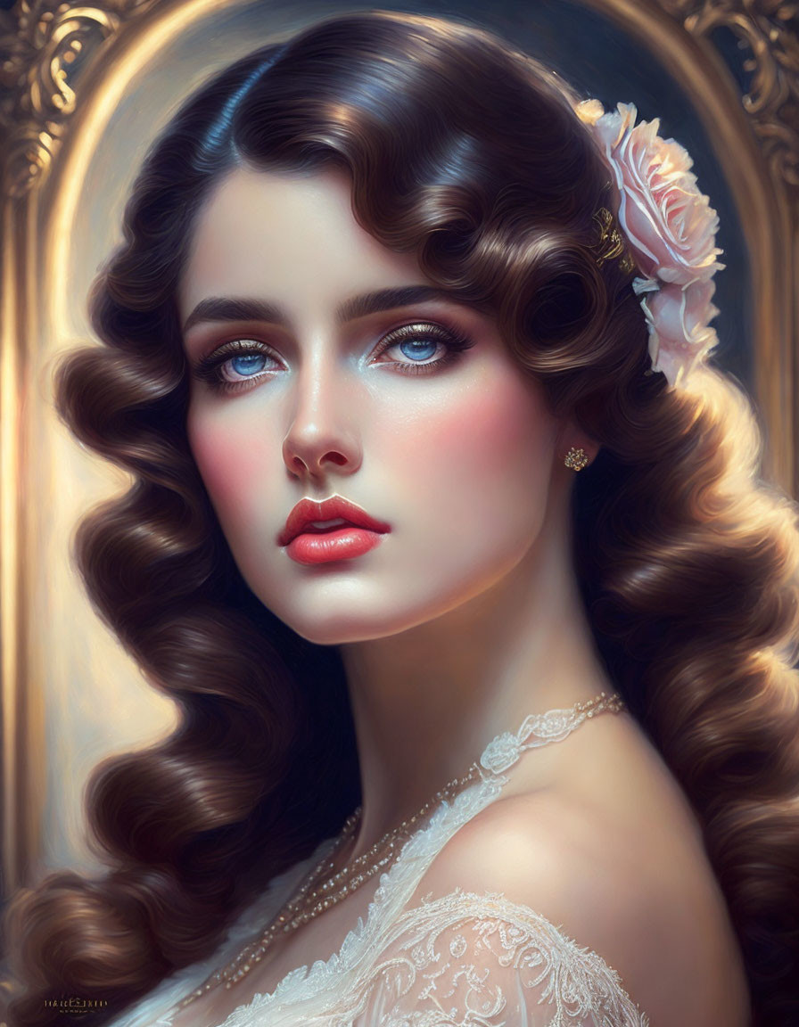 Portrait of a Woman with Blue Eyes, Brown Curls, Rose, and Lace