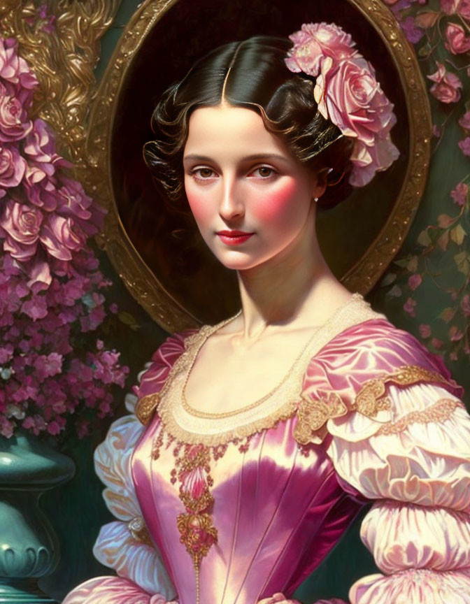 Vintage portrait of a woman in pink gown with golden accents among blooming flowers