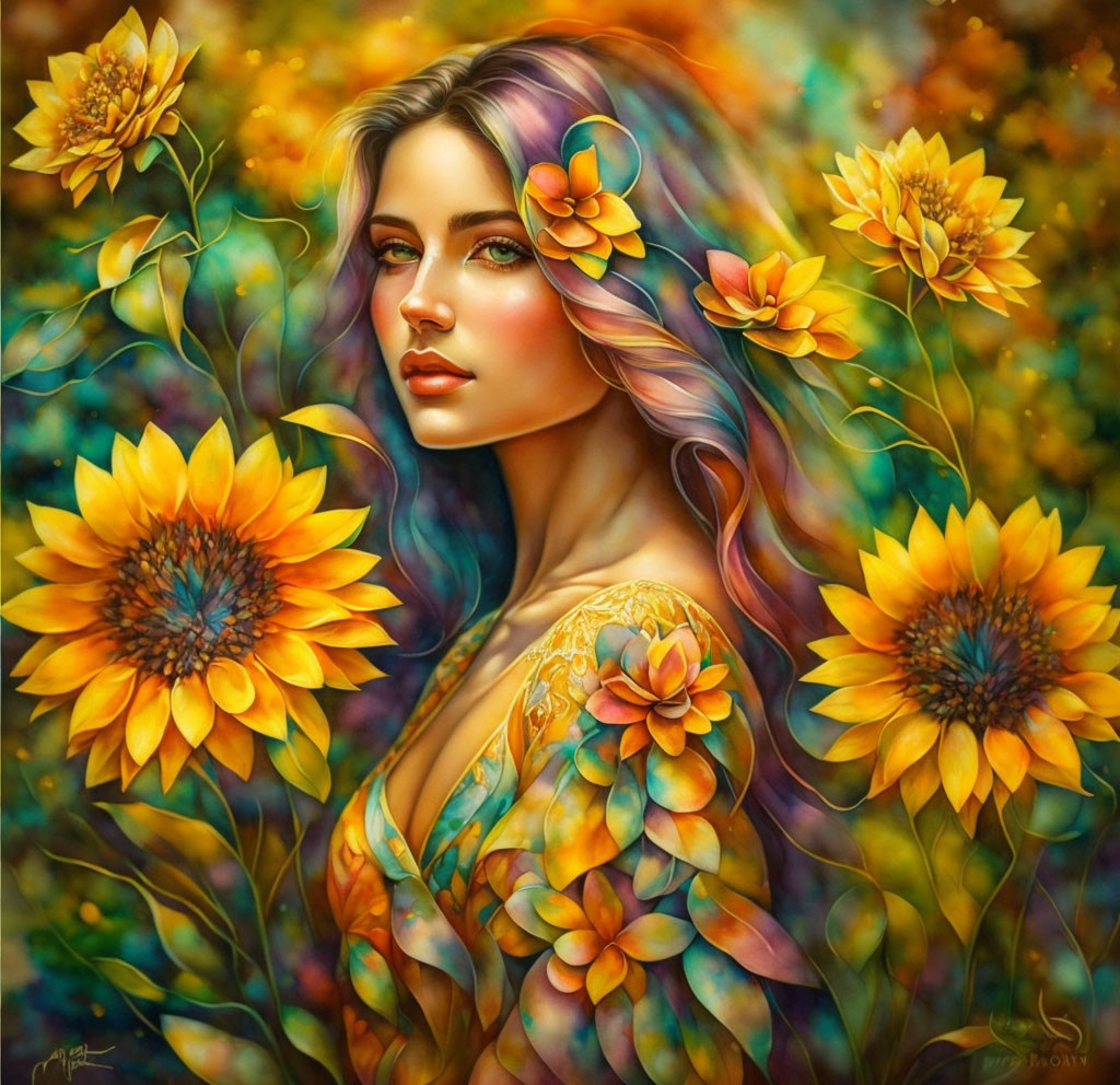 Colorful Floral Theme with Woman and Integrated Flowers