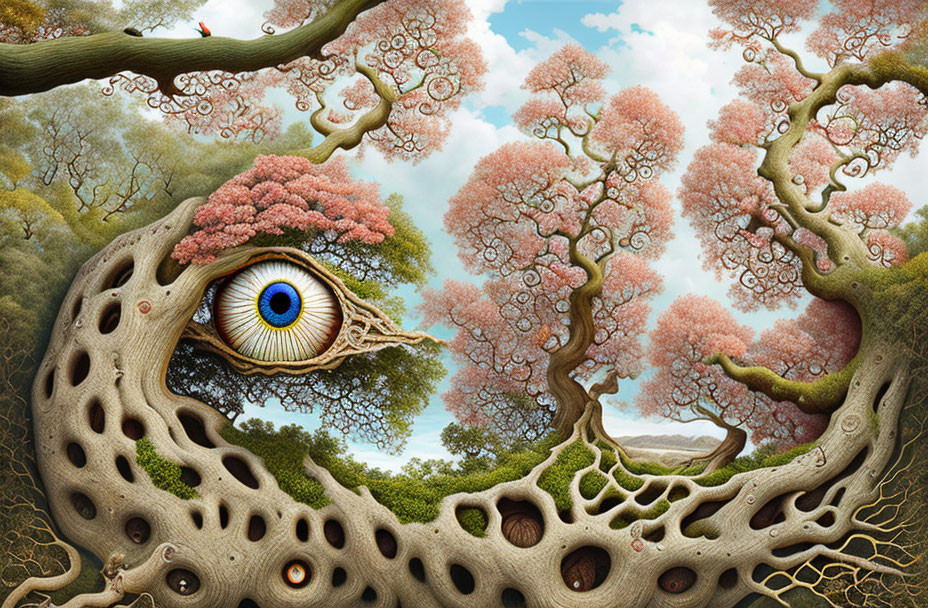 Surreal landscape with cherry blossom trees and integrated eye in fantastical tree