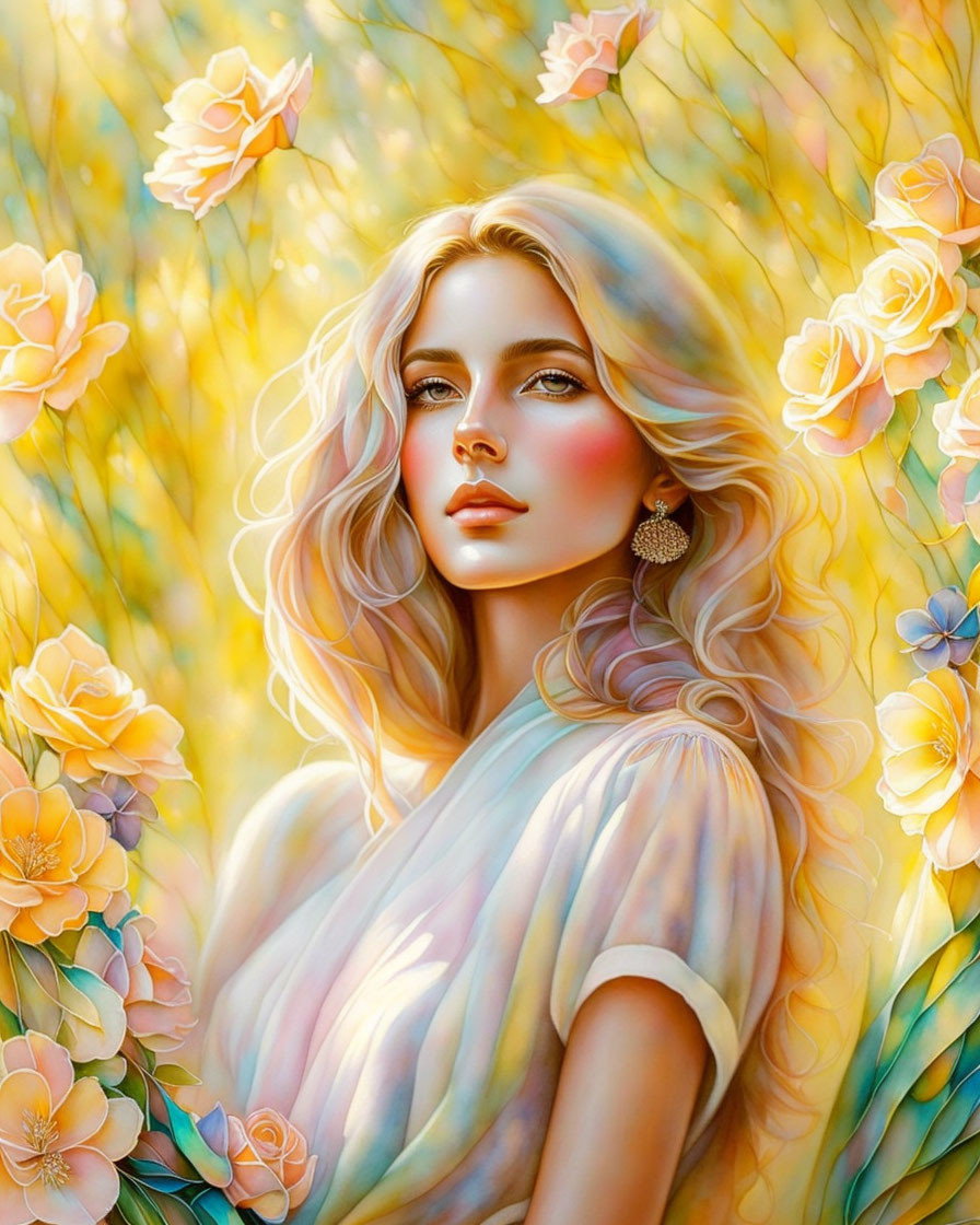 Blonde Woman in Dreamy Floral Digital Art