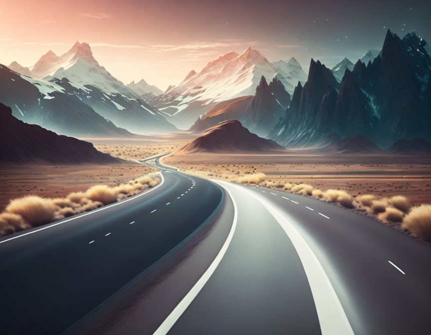 Desert Road Leading to Snow-Capped Mountains