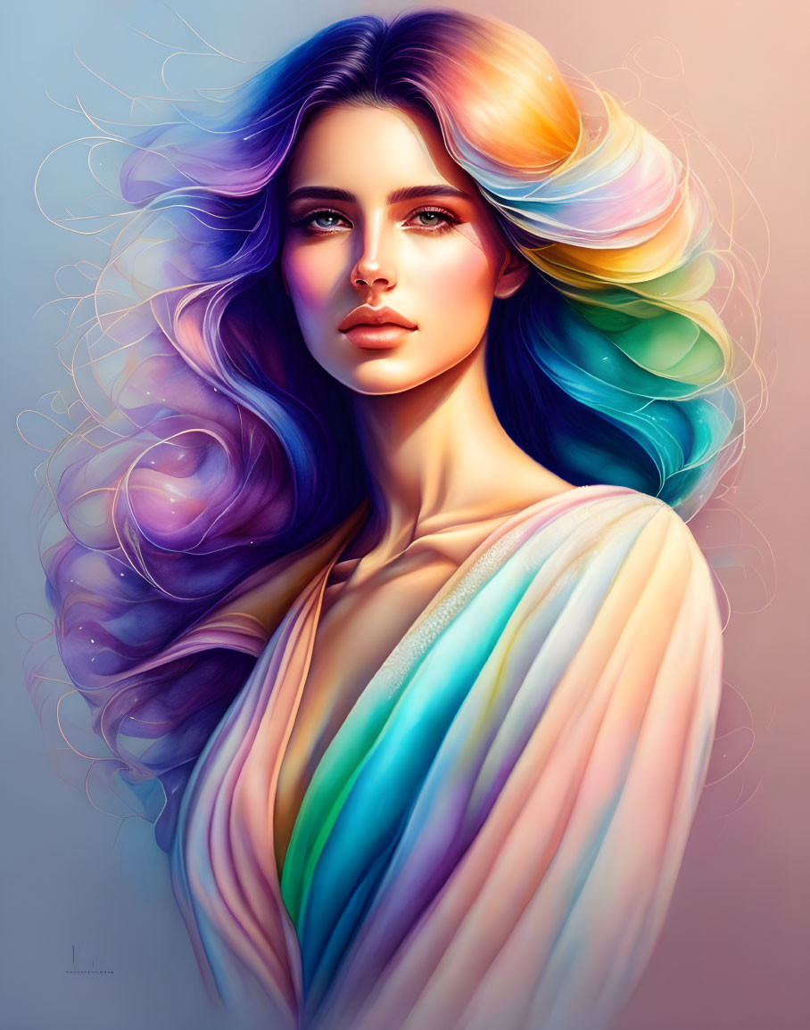 Colorful digital artwork of a woman with flowing pastel hair and draped garment