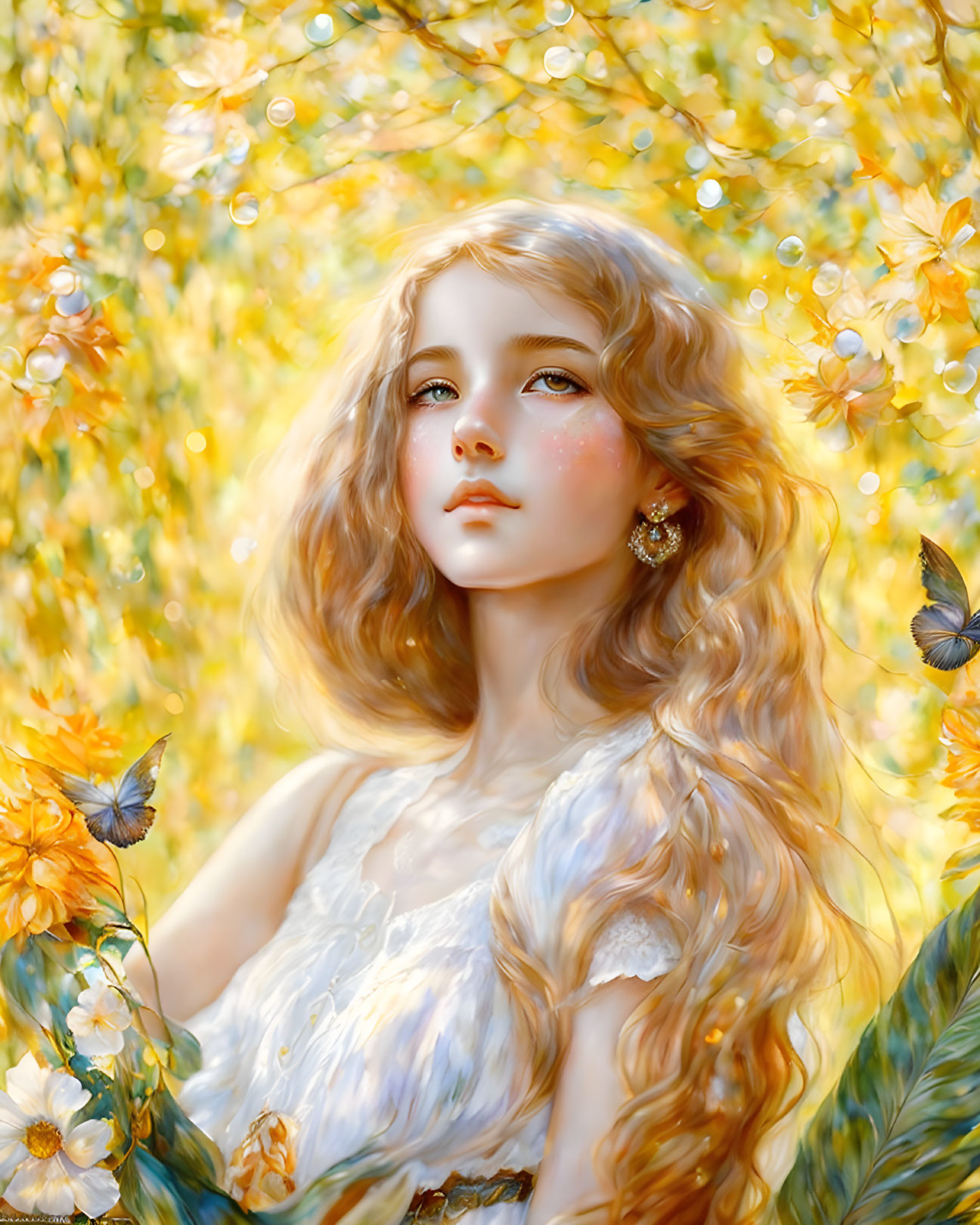 Young woman with blonde hair, yellow flowers, and butterflies